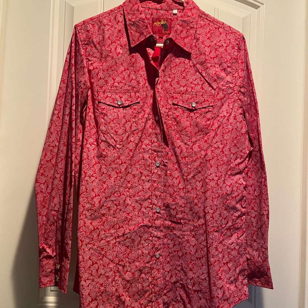 Women's Red Paisley Print pearl snap Shirt